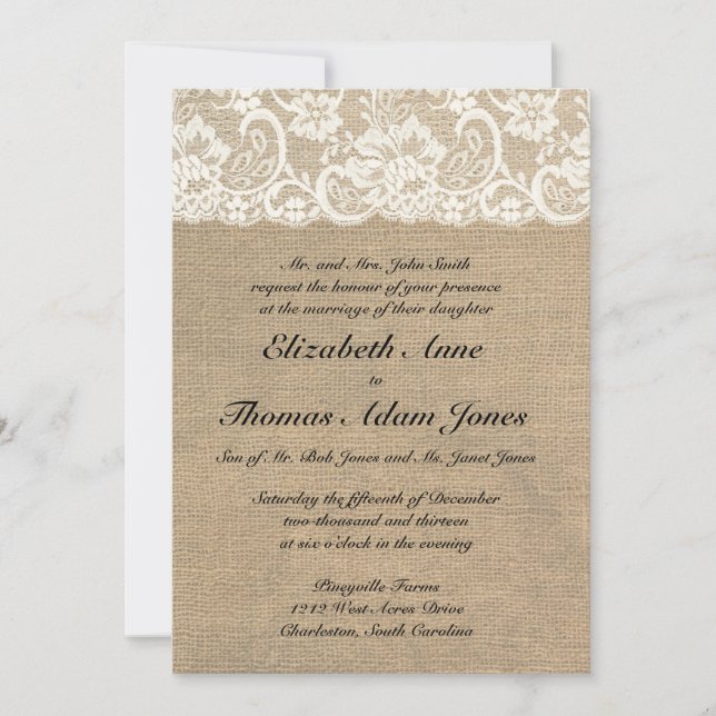 Vintage Lace Look & Burlap Look Wedding Invitation (Front)