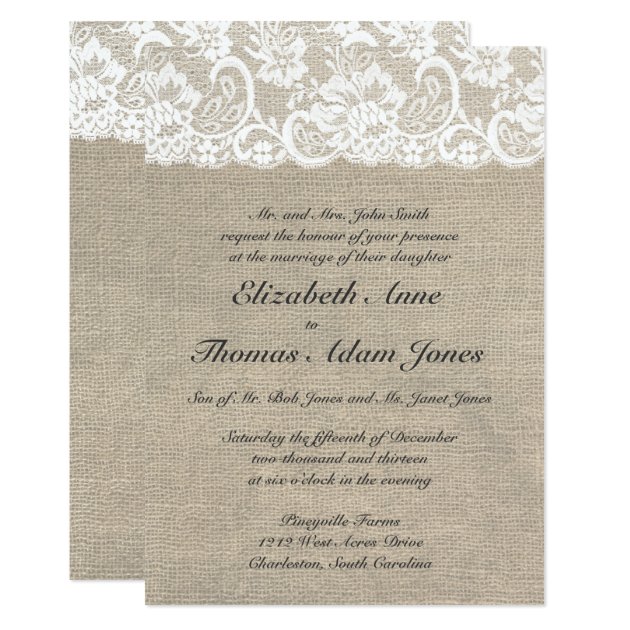 Vintage Lace Look & Burlap Look Wedding Invitation