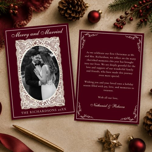 Vintage Lace Merry &amp; Married Burgundy Christmas Holiday Card