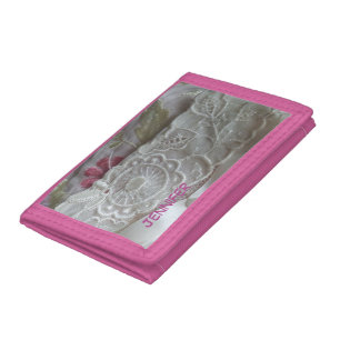 Vintage Lace, Name, Pink Trim Nylon Trifold Wallet