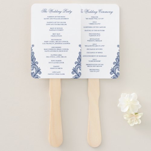 Vintage Lace Navy Blue Rustic Wedding Program Hand Fan