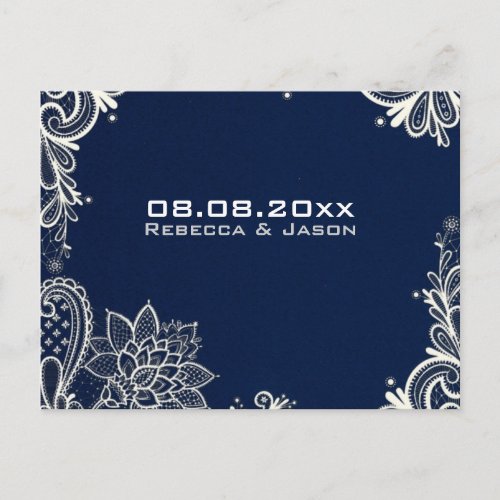 vintage lace  navy blue wedding save the date announcement postcard