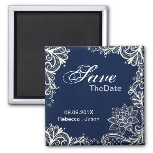 vintage lace  navy blue wedding save the date magnet