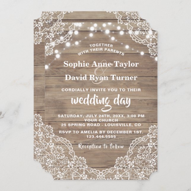 Vintage Lace Old Barn String Lights Wedding Invitation (Front/Back)