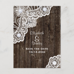 Vintage lace, old brown wood wedding Save the Date Announcement Postcard
