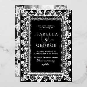 Vintage Lace Old Money Black and White Wedding Foil Invitation
