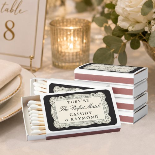 Vintage Lace Old Money Black & Ivory Wedding Matchboxes