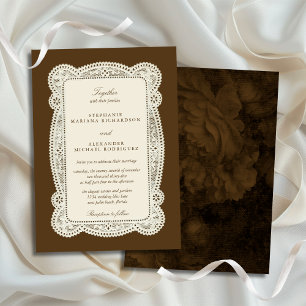 Vintage Lace Old Money Mocha Brown Wedding Invitation
