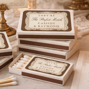 Vintage Lace Old Money Mocha Brown Wedding Matchboxes