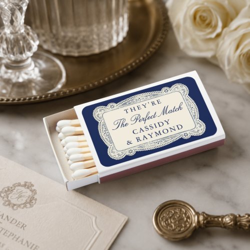 Vintage Lace Old Money Navy Blue Wedding Matchboxes