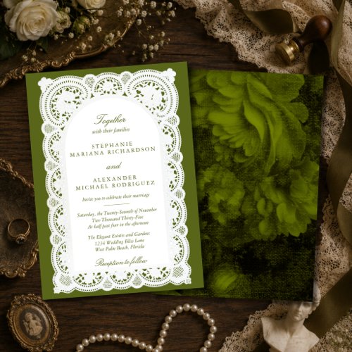 Vintage Lace Old Money Olive Green Wedding Invitation