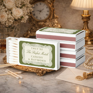 Vintage Lace Old Money Olive Green Wedding Matchboxes