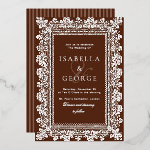 Vintage Lace Old Money Wedding Chocolate Brown Foil Invitation
