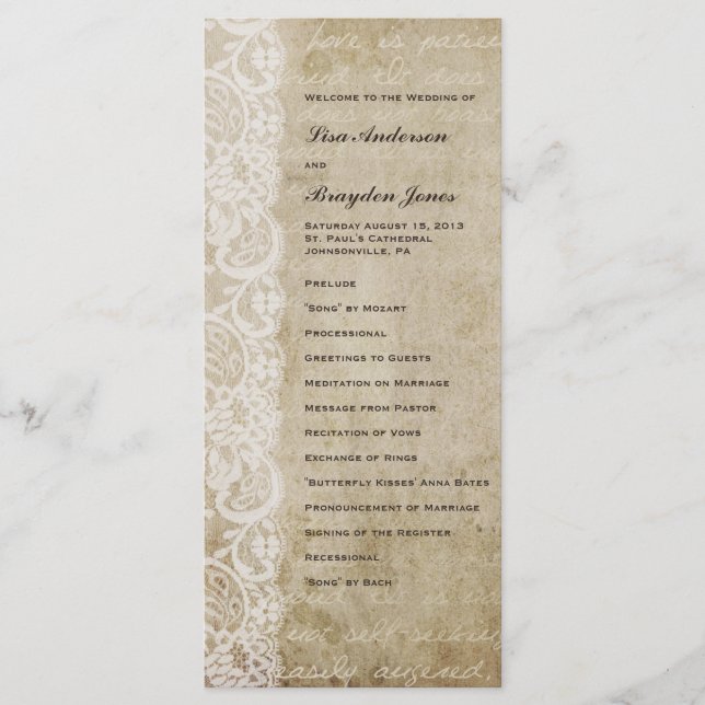 Vintage Lace Old World Wedding Program (Front)