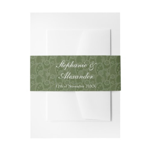 Vintage Lace Olive Green Old Money Wedding Invitation Belly Band