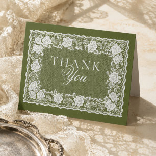 Vintage Lace Olive Green Old Money Wedding Thank You Card