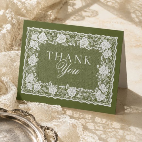 Vintage Lace Olive Green Old Money Wedding Thank You Card