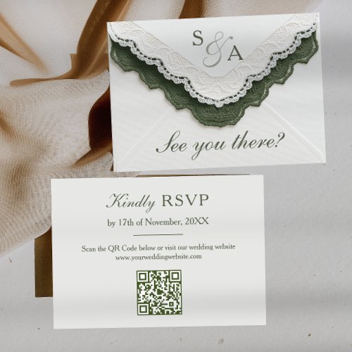 Vintage Lace Olive Green QR Code Unique Wedding RSVP Card
