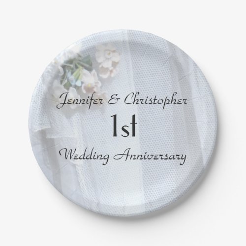 Vintage Lace Pastel Flower 1st Wedding Anniversary Paper Plates