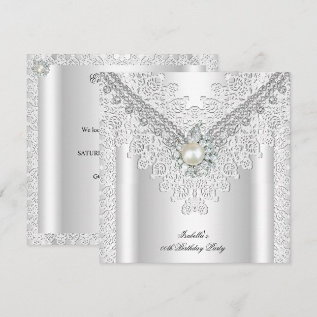 Vintage Lace Pearl Silver White Elegant Birthday Invitation (Front/Back)