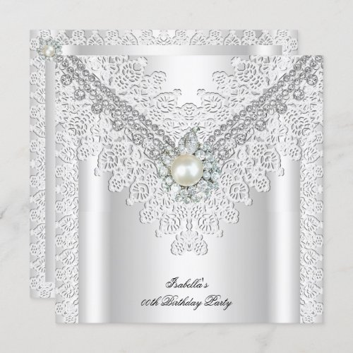 Vintage Lace Pearl Silver White Elegant Birthday Invitation