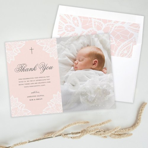 Vintage Lace Photo Baptism Thank You Note Card