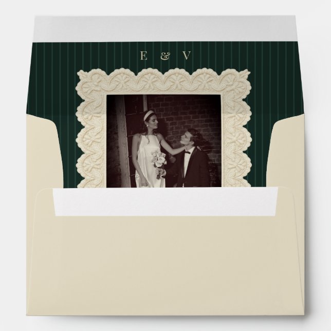 Vintage Lace Photo Monogram Stripes Retro Wedding Envelope (Back (Bottom))