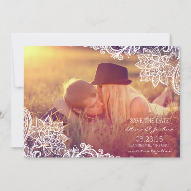 Vintage Lace Photo Save The Date Announcement (Front)