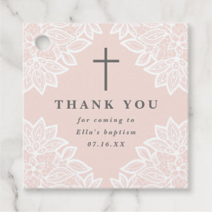 Vintage lace pink baptism thank you favor tags