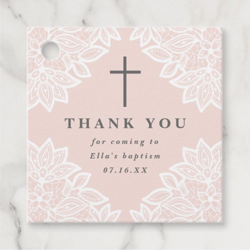 Vintage lace pink baptism thank you favor tags