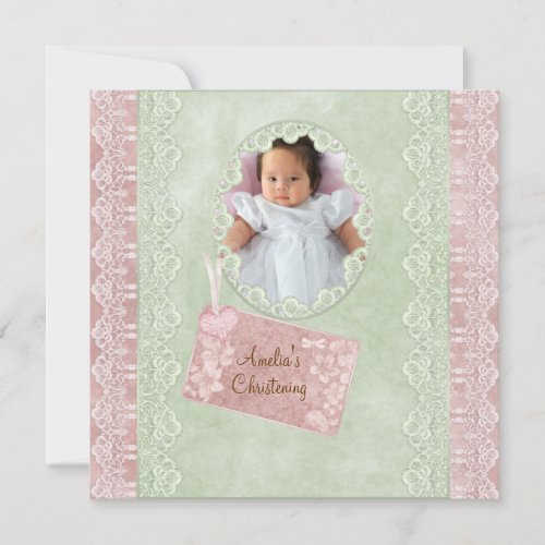 Vintage Lace Pink Green Girl Photo Christening Invitation