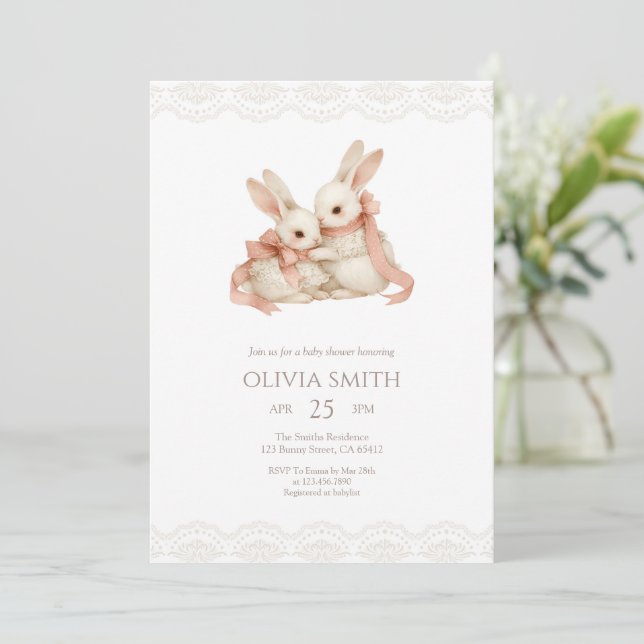 Vintage Lace Pink Some Bunny Baby Shower Invitation (Standing Front)