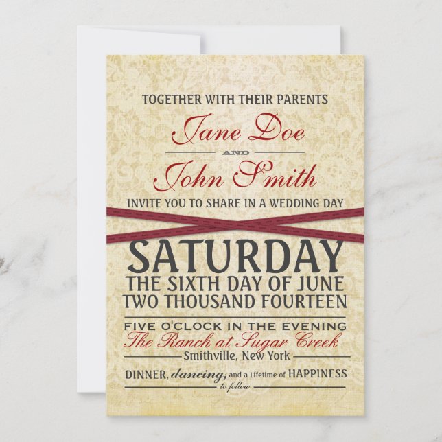 Vintage Lace & Red Ribbon Wedding Invitation (Front)