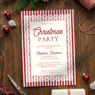 Vintage Lace Retro Red Stripes Christmas Party Invitation