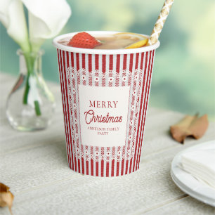 Vintage Lace Retro Red Stripes Christmas Party Paper Cups