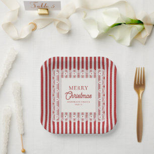 Vintage Lace Retro Red Stripes Christmas Party Paper Plates