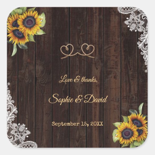 Vintage Lace Rope We Tied The Knot Sunflowers Square Sticker