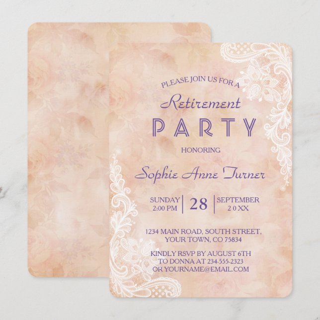 Vintage Lace Roses Old Paper Retirement Party Invitation (Front/Back)