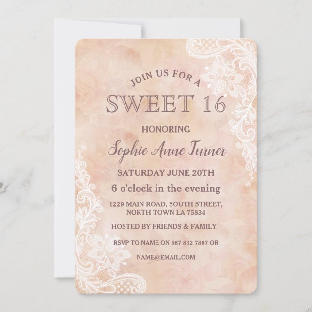 Vintage Lace Roses Old Paper SWEET 16 Invitation (Front)
