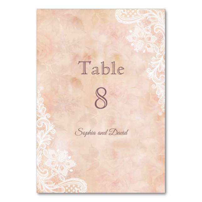 Vintage Lace Roses Old Paper Wedding Table Number (Front)