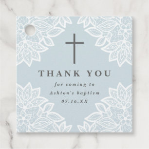Vintage lace sky blue baptism thank you favor tags