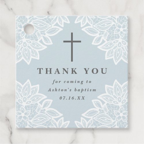 Vintage lace sky blue baptism thank you favor tags