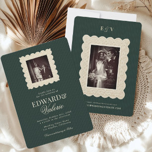 Vintage Lace Stripes Old Money 2 Photo Wedding Invitation