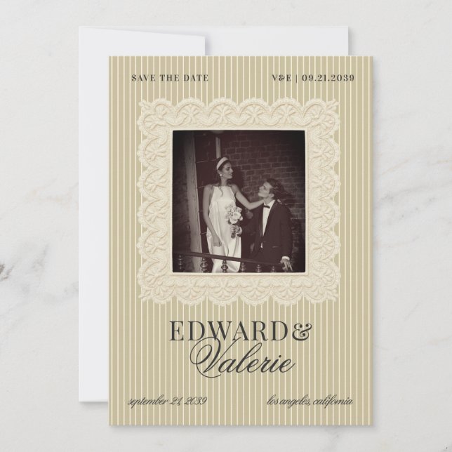 Vintage Lace Stripes Old Money 2 Photo Wedding Save The Date (Front)