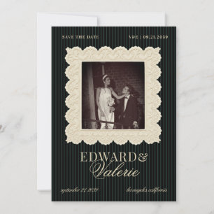 Vintage Lace Stripes Old Money 2 Photo Wedding Save The Date