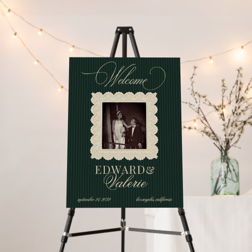 Vintage Lace Stripes Old Money Photo Welcome Sign
