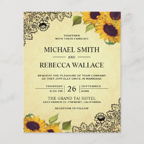 Vintage Lace Sunflower Budget Wedding Invitation
