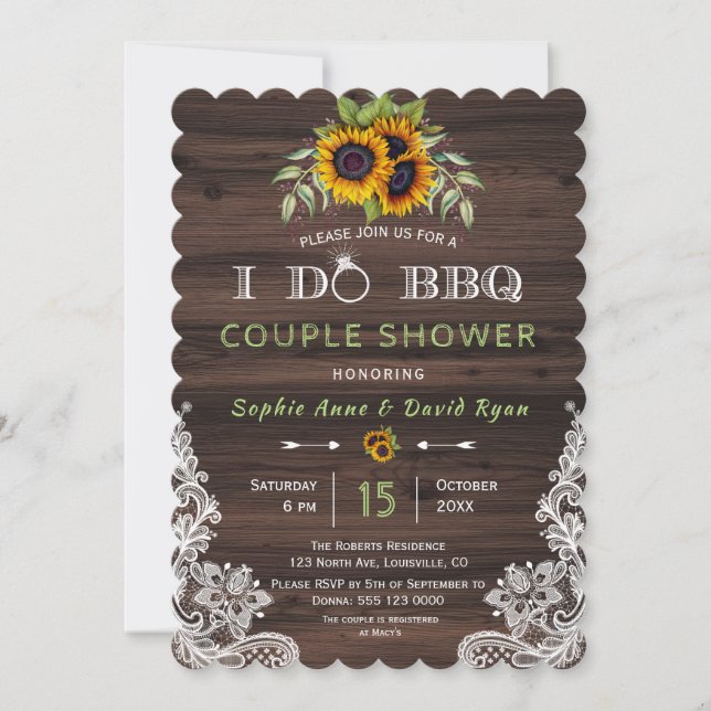 Vintage Lace Sunflowers Wood I DO BBQ Invitation (Front)