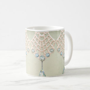 Vintage lace teal rhinestone victorian cream coffee mug