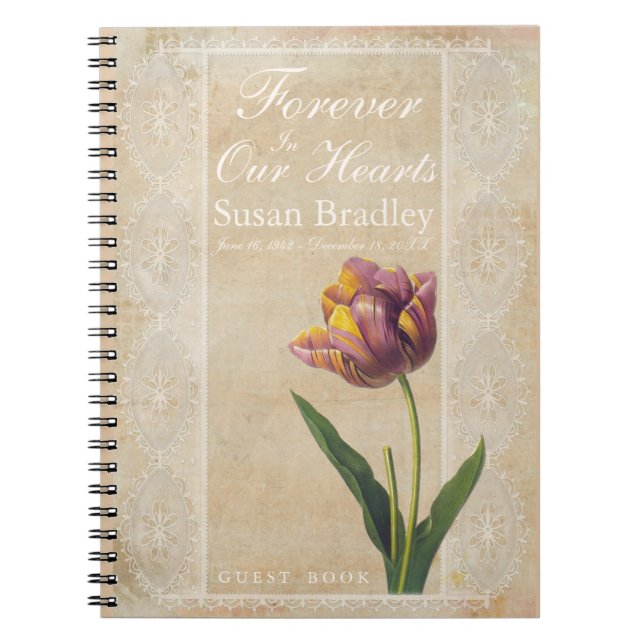 Vintage Lace Tulips Forever Funeral Guest Book (Front)